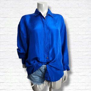 Vintage Express Irridescent Blue 100% Silk Button Down Shirt Size XS